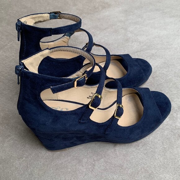 Journee Collection Navy Blue Microsuede Strappy Demi Wedges - Picture 6 of 16
